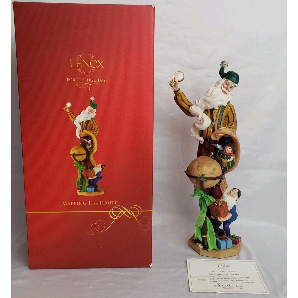 Lenox Mapping His Route Pencil Santa 13" Figurine Christmas 2010 EUC. Box & COA